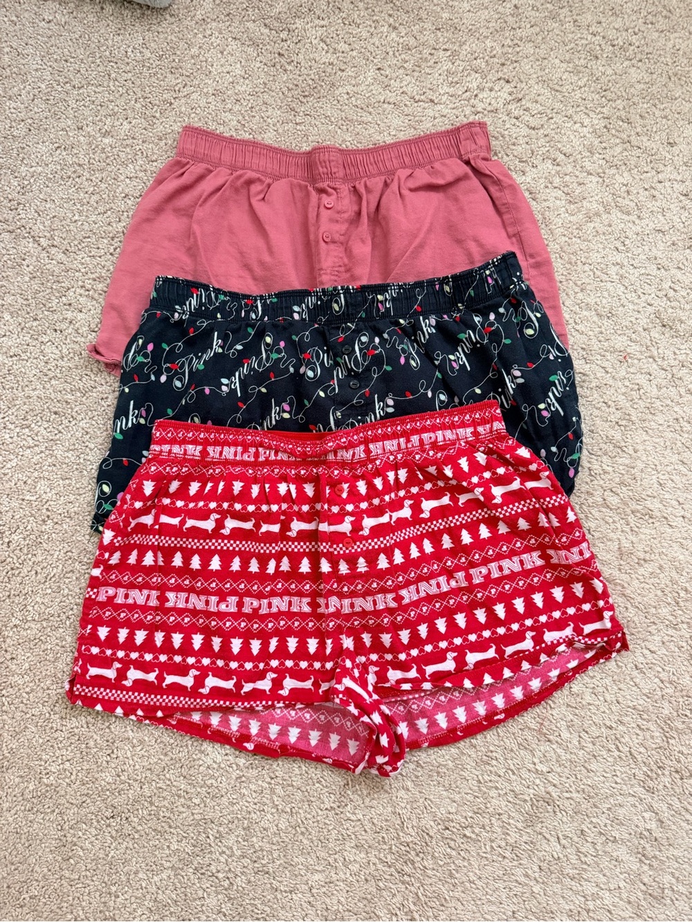 Victorias Secret Set of 3 Women's Lounge Shorts- Pink, Black Script, Red Holiday